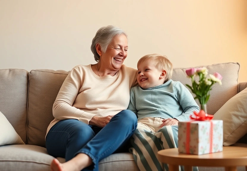 Avo e neto rindo juntos no sofa, com flores na mesa de canto