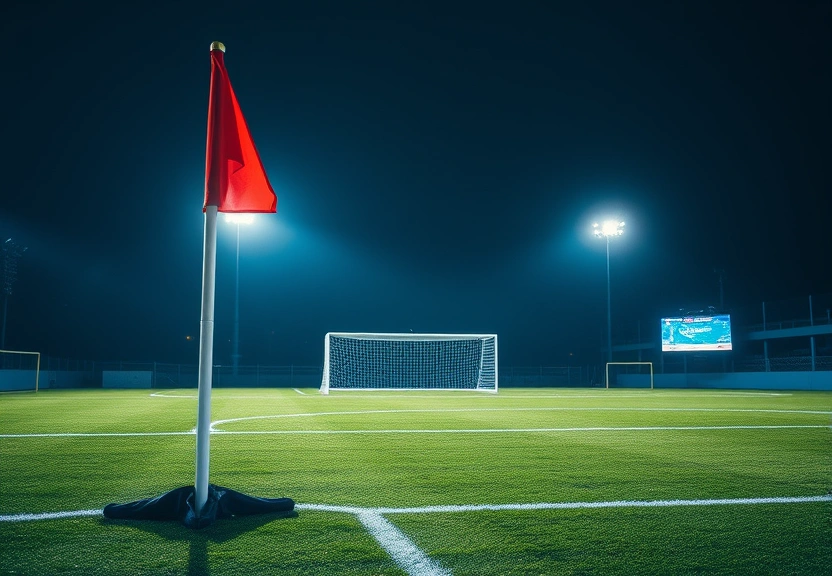 Campo de futebol a noite, visto da bandeirinha de escanteio