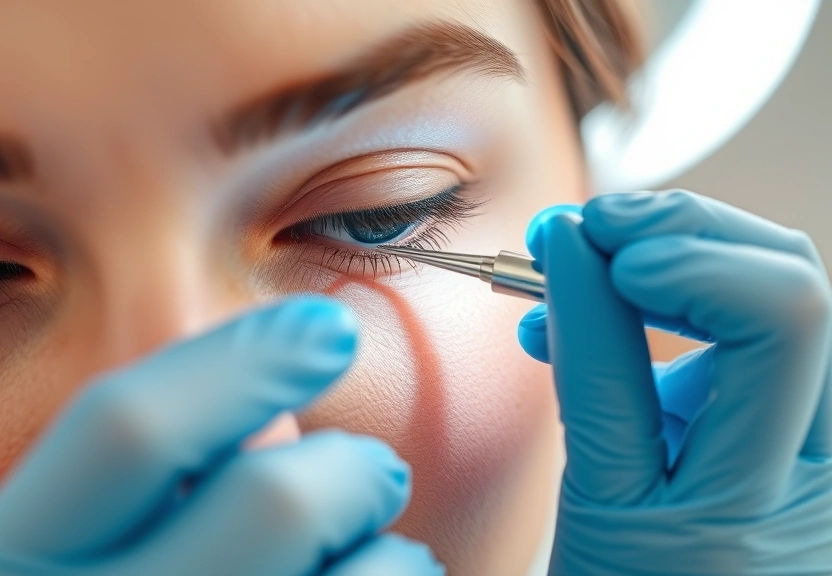 Profissional aplica extensao de cilios em estudio claro