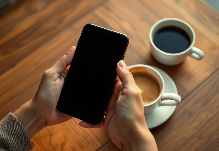 Celular virado para baixo sobre a mesa, ao lado de uma xicara